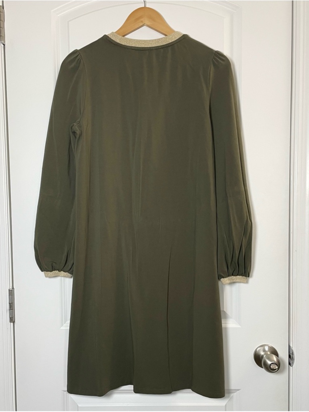 Boden Olive Green Dress US 6 Long Sleeve Gold Trim A-Line Mini - Picture 3 of 11